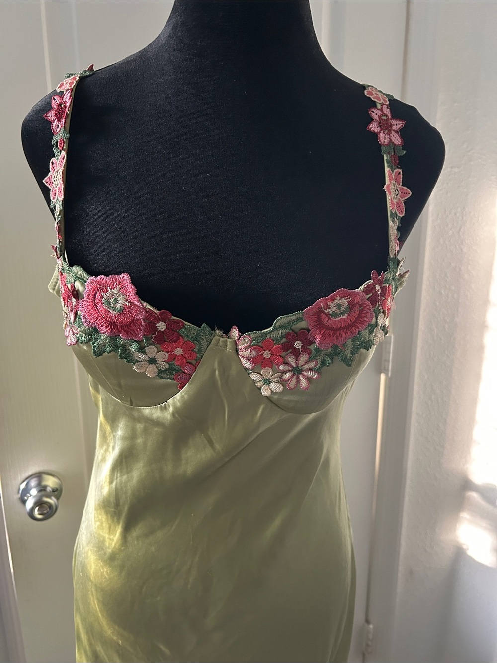 Hello Molly Green Satin Maxi Dress with Pink Floral Trim - Picture 5 of 8